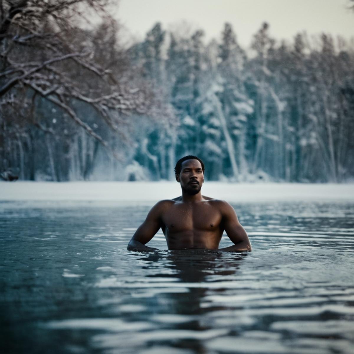cinematic film still of In 1858 a naked black man is swimming in a lake in the snow,  solo,  1boy by EauDeNoire on Tensor.Art