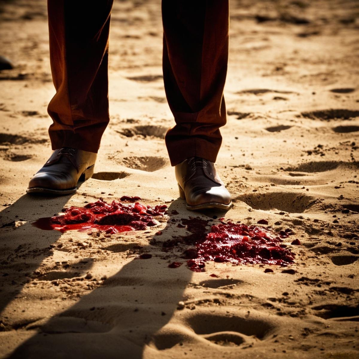 cinematic film still of In 1858 a shadow of a man standing in a dirty area with blood on groun,  blurry,  no humans by Eau...