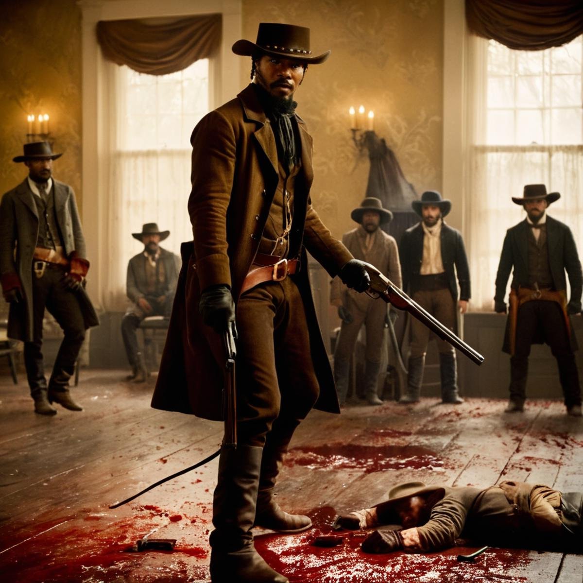 cinematic film still of In 1858 a group of men in a bloody gunfight in a room with blood on the floor,  gloves,  1boy by E...