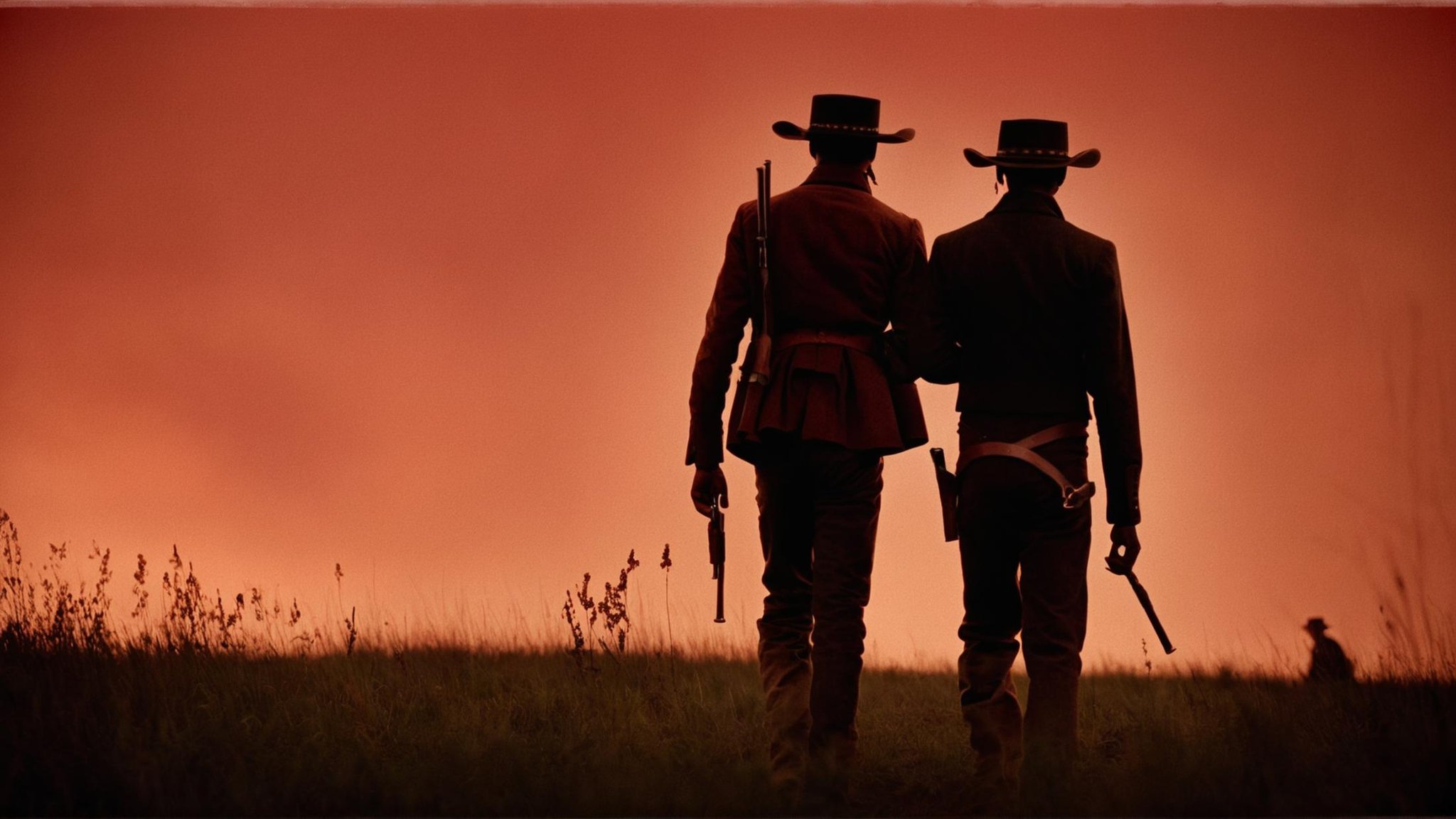 cinematic film still of In 1858 two silhouette men walking in a field with a red sky,  hat,  holding by EauDeNoire on Tens...