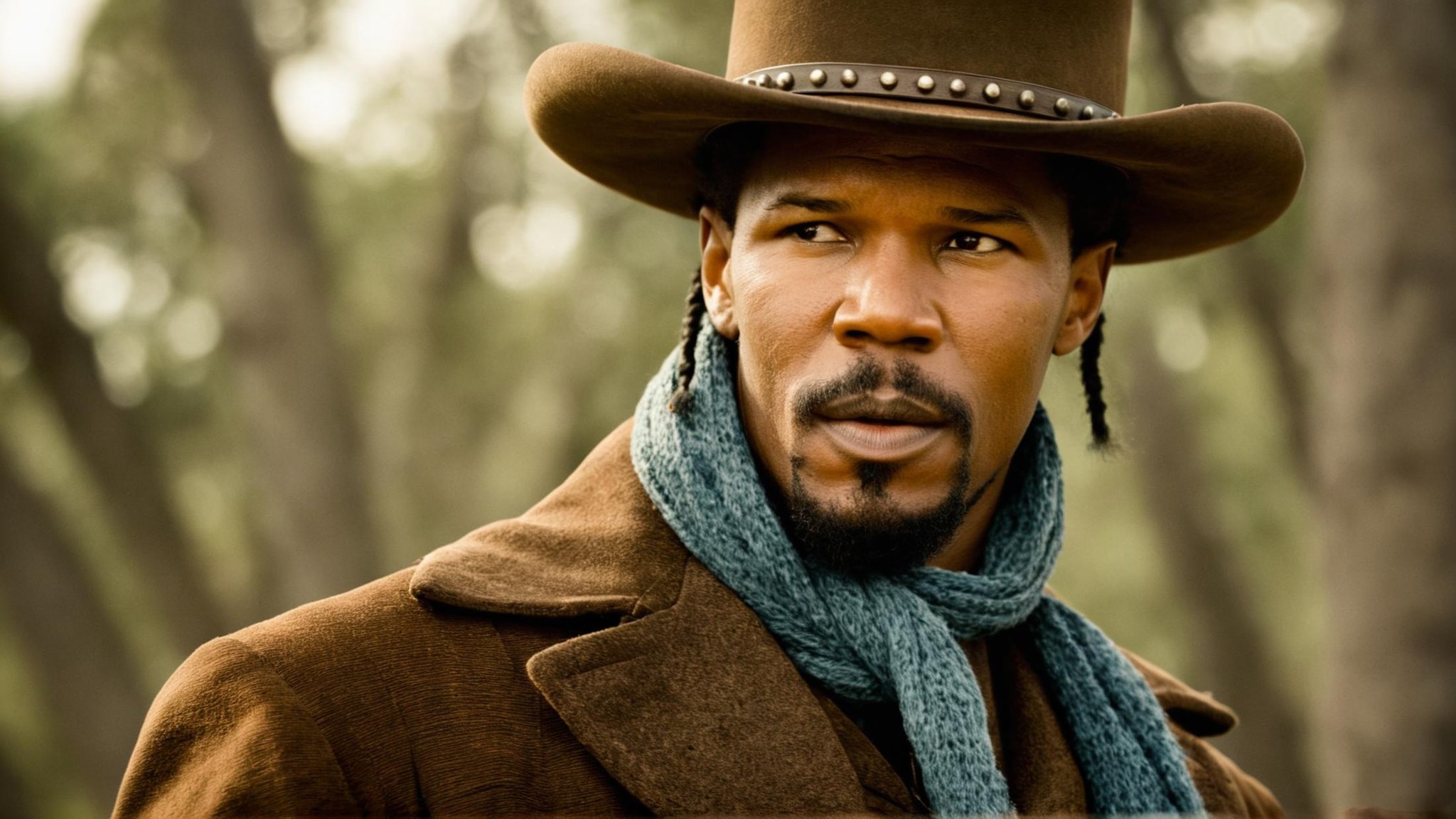 cinematic film still of In 1858 Jamie Foxx a man in a cowboy hat and scarf,  solo,  looking at viewer by EauDeNoire on Ten...