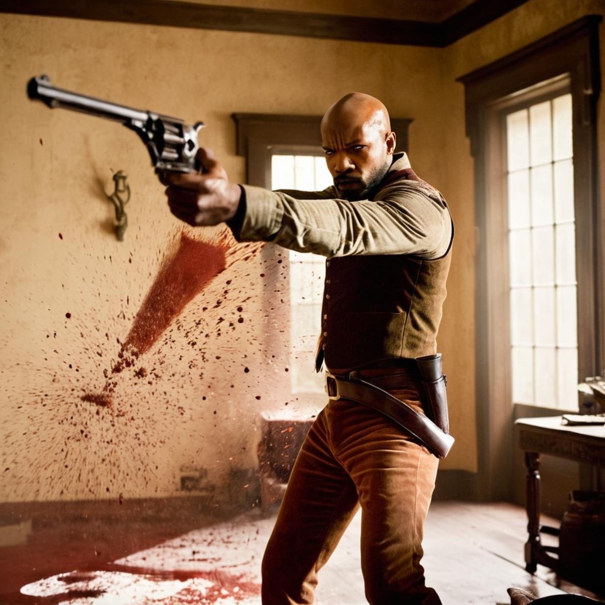 cinematic film still of a man shooting with a two guns in a room,  solo,  1boy by EauDeNoire on Tensor.Art