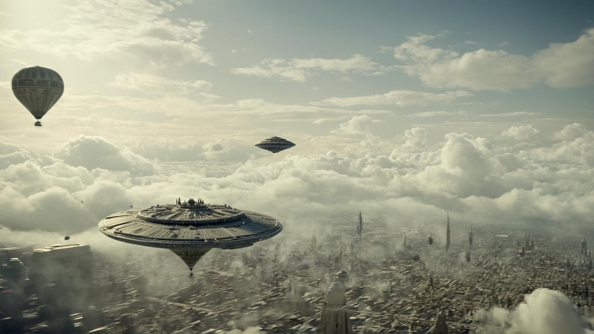 cinematic film still of detailed perfect Bespin a large spaceship flying over a city in the sky,  in star wars style,  sky...