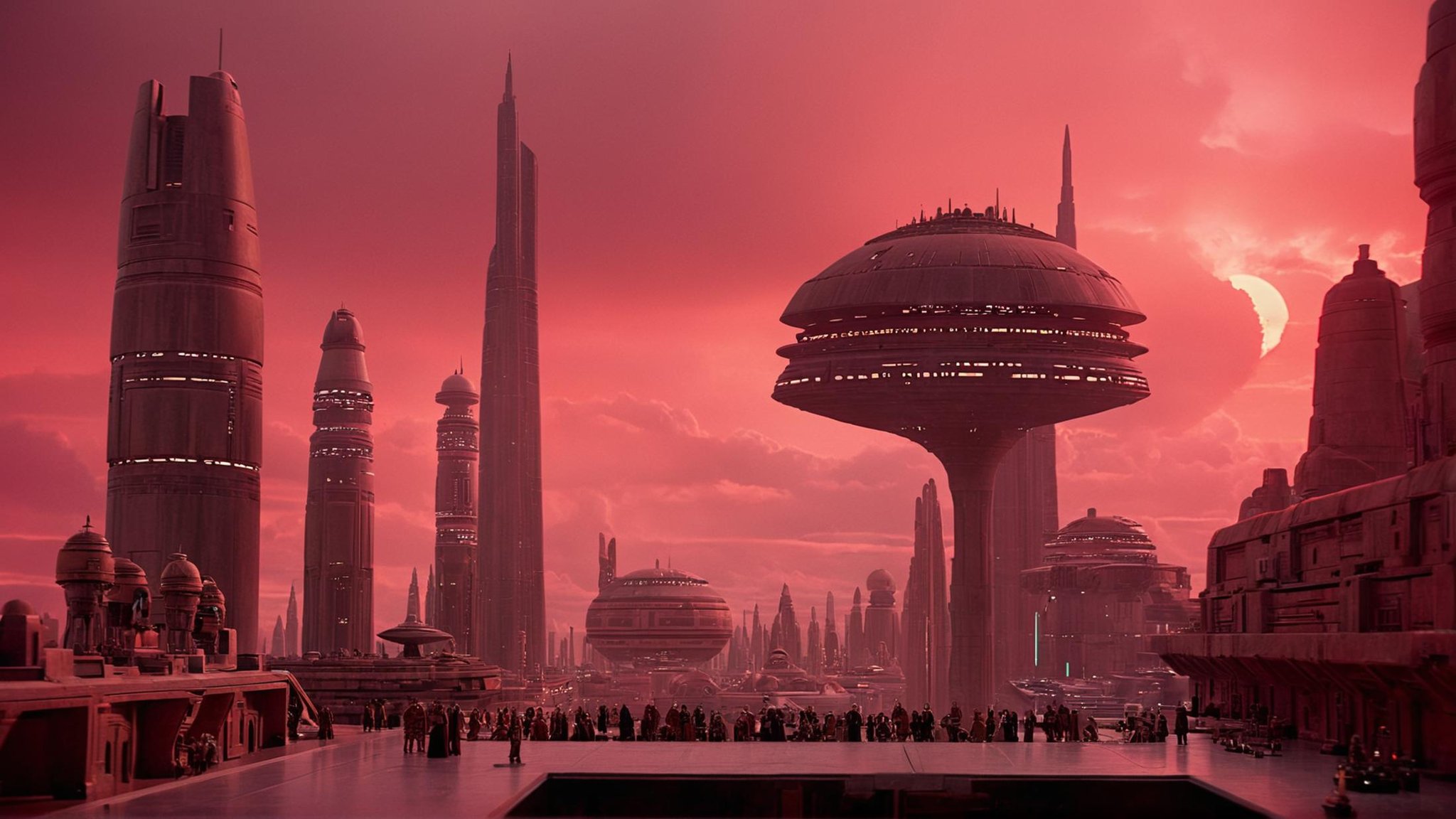 cinematic film still of detailed perfect Bespin a futuristic city with a red sky in the background,  in star wars style,...