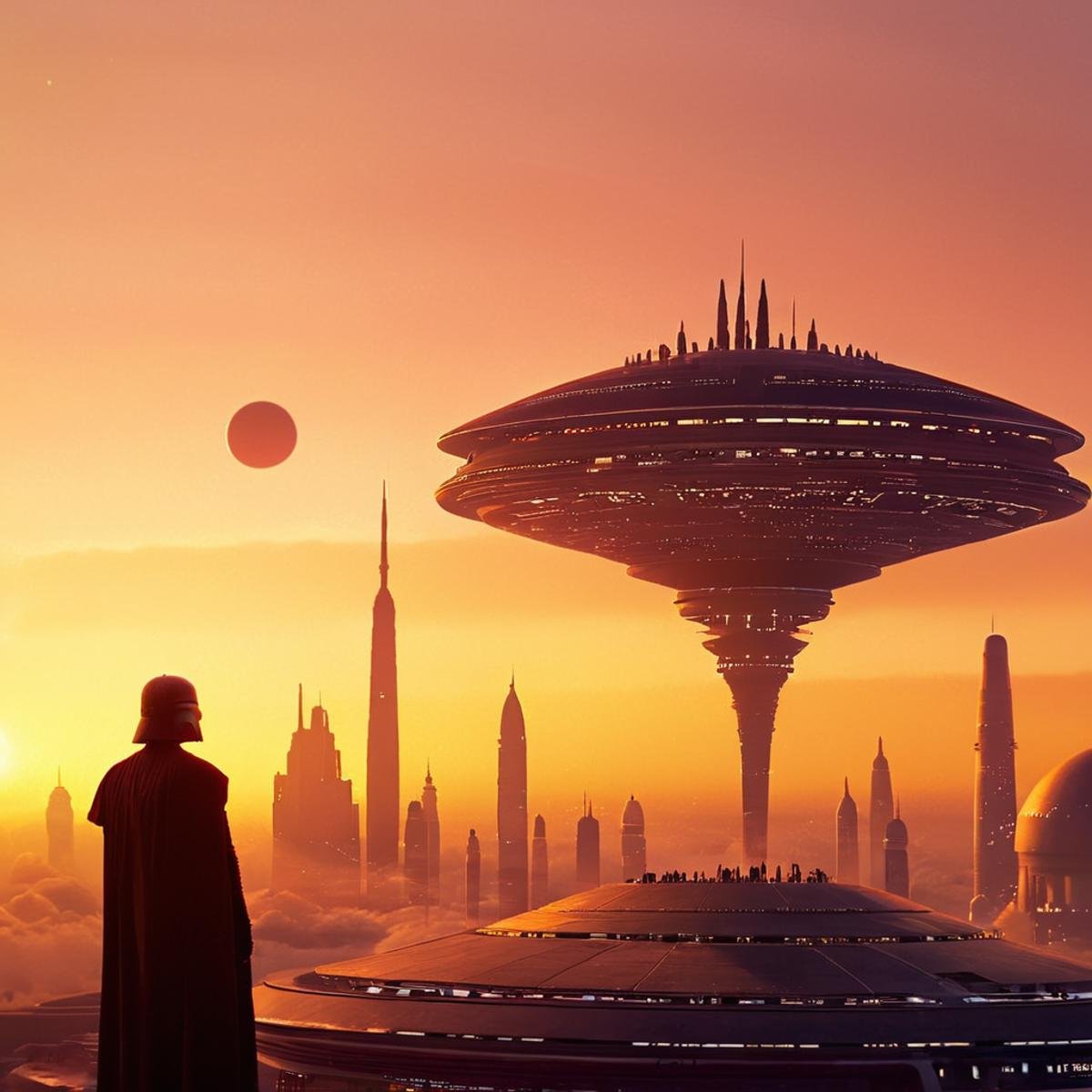 cinematic film still of detailed perfect Bespin a futuristic city with a tower in the middle,  in star wars style,  heart...
