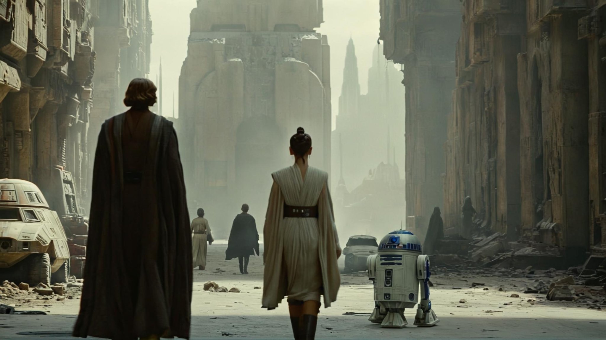 cinematic film still of detailed perfect Coruscant two people walking through a city street in a ruined city,  in star war...