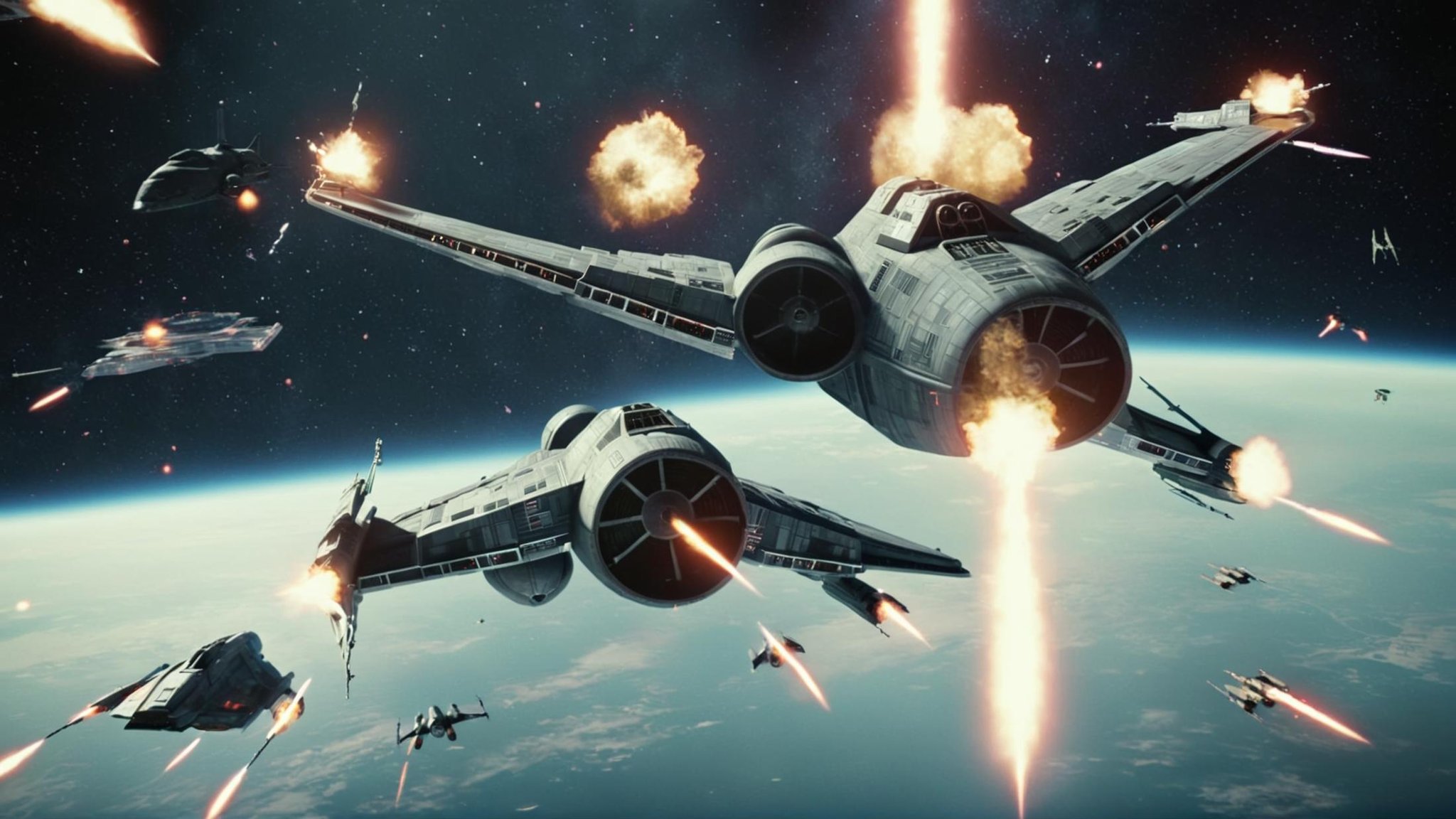 cinematic film still of detailed perfect Coruscant a group of star wars ships flying through space,  in star wars style,...
