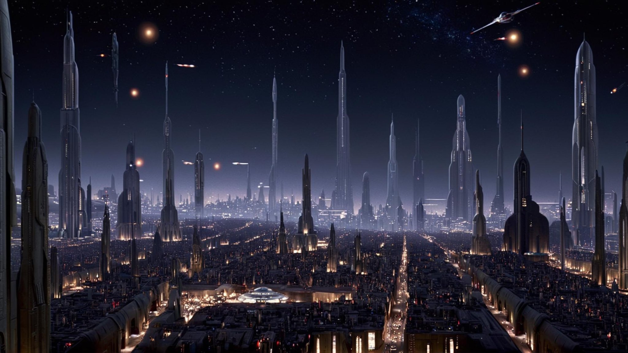 cinematic film still of detailed perfect Coruscant a futuristic city with a lot of people walking around,  in star wars st...