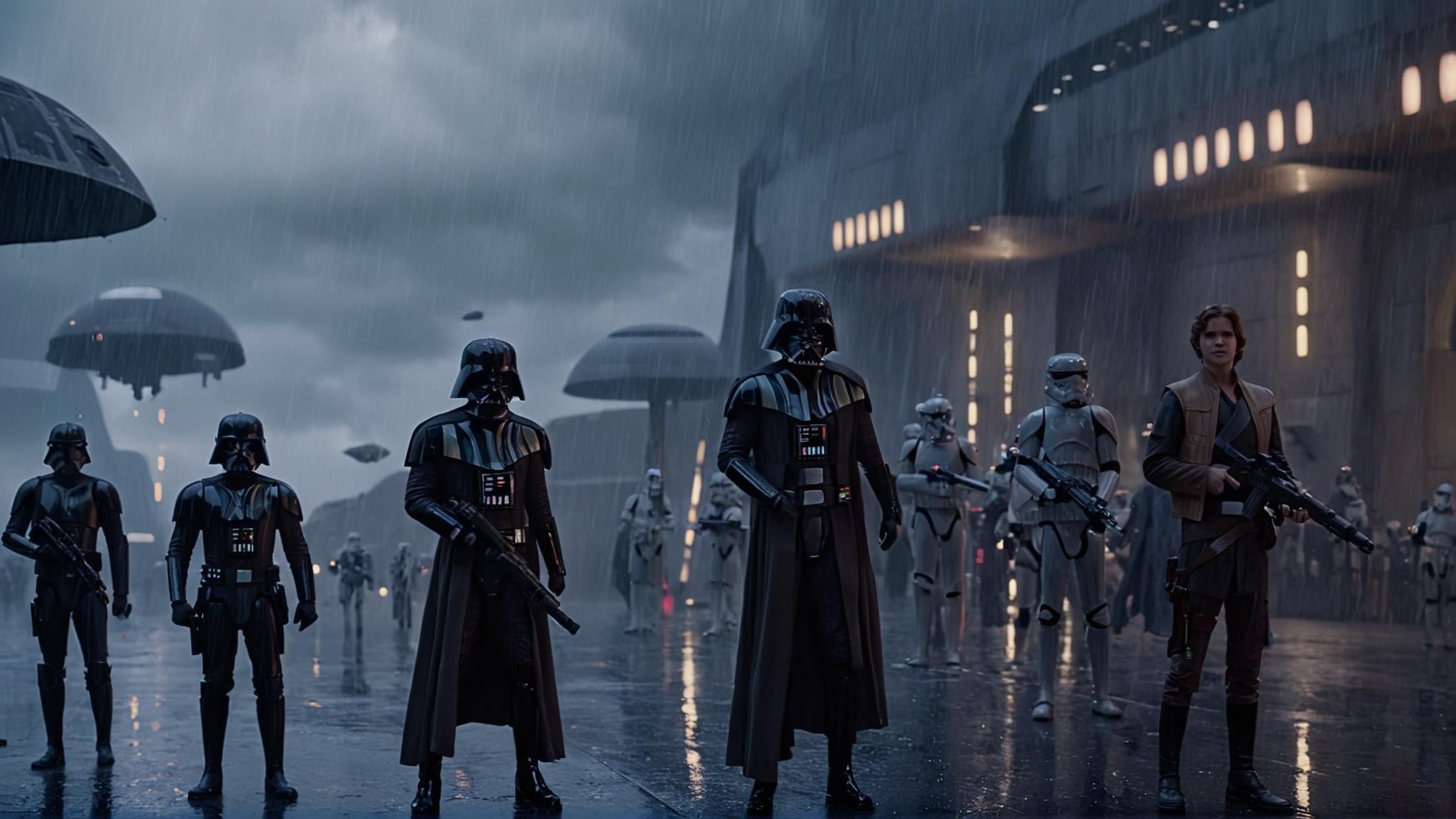 cinematic film still of detailed perfect Coruscant a group of star wars characters standing in the rain,  in star wars sty...