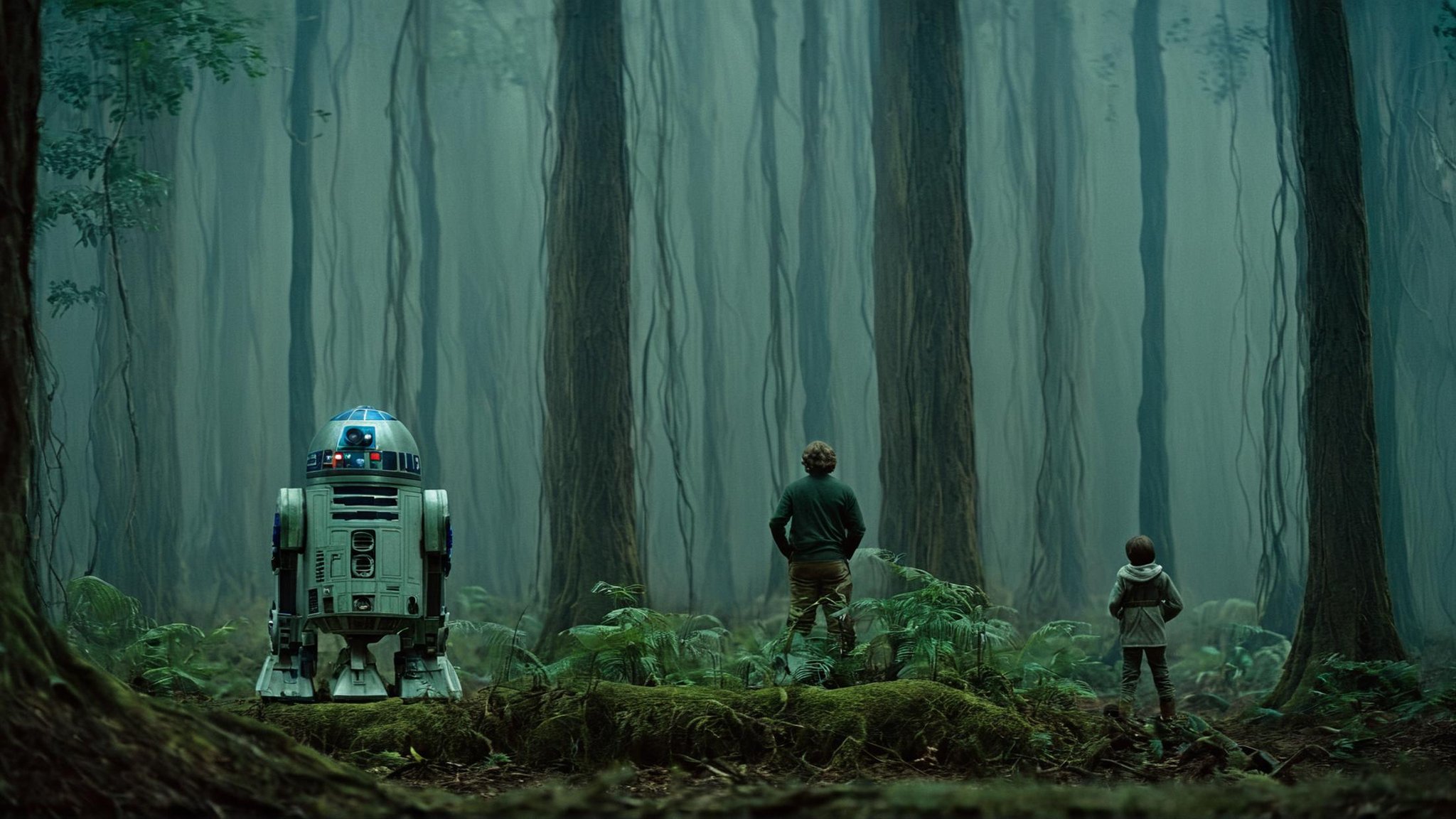 cinematic film still of detailed perfect Dagobah a giant robot in a forest with a man standing next to it,  in star wars s...
