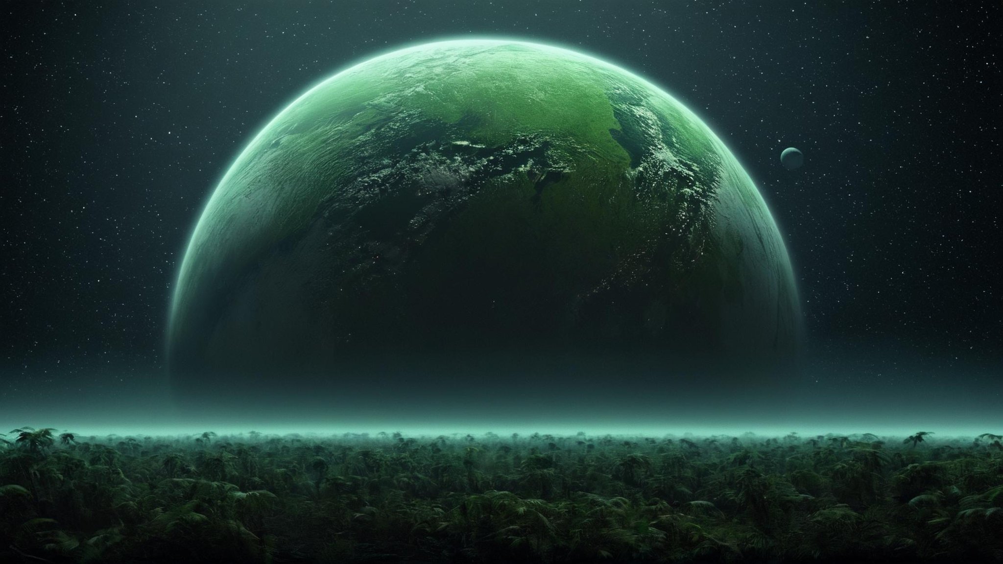 cinematic film still of detailed perfect Dagobah a green planet with a black background,  in star wars style,  no humans b...