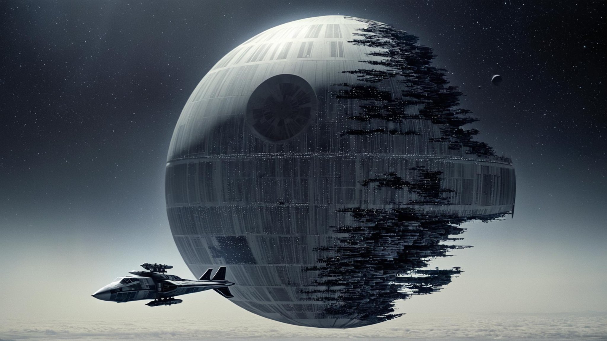 cinematic film still of detailed perfect Death Star II a star wars poster with a spaceship and a spaceship,  in star wars...