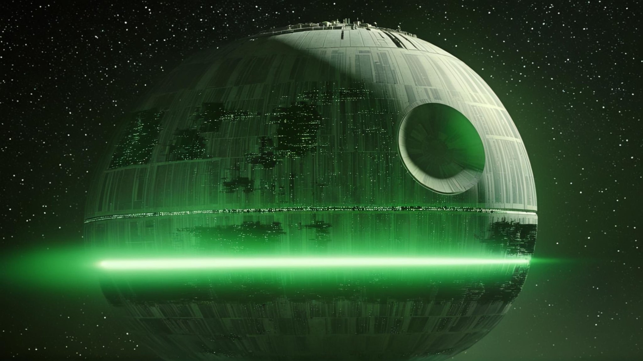 cinematic film still of detailed perfect Death Star II a large star wars death star with green beam lights generated from...