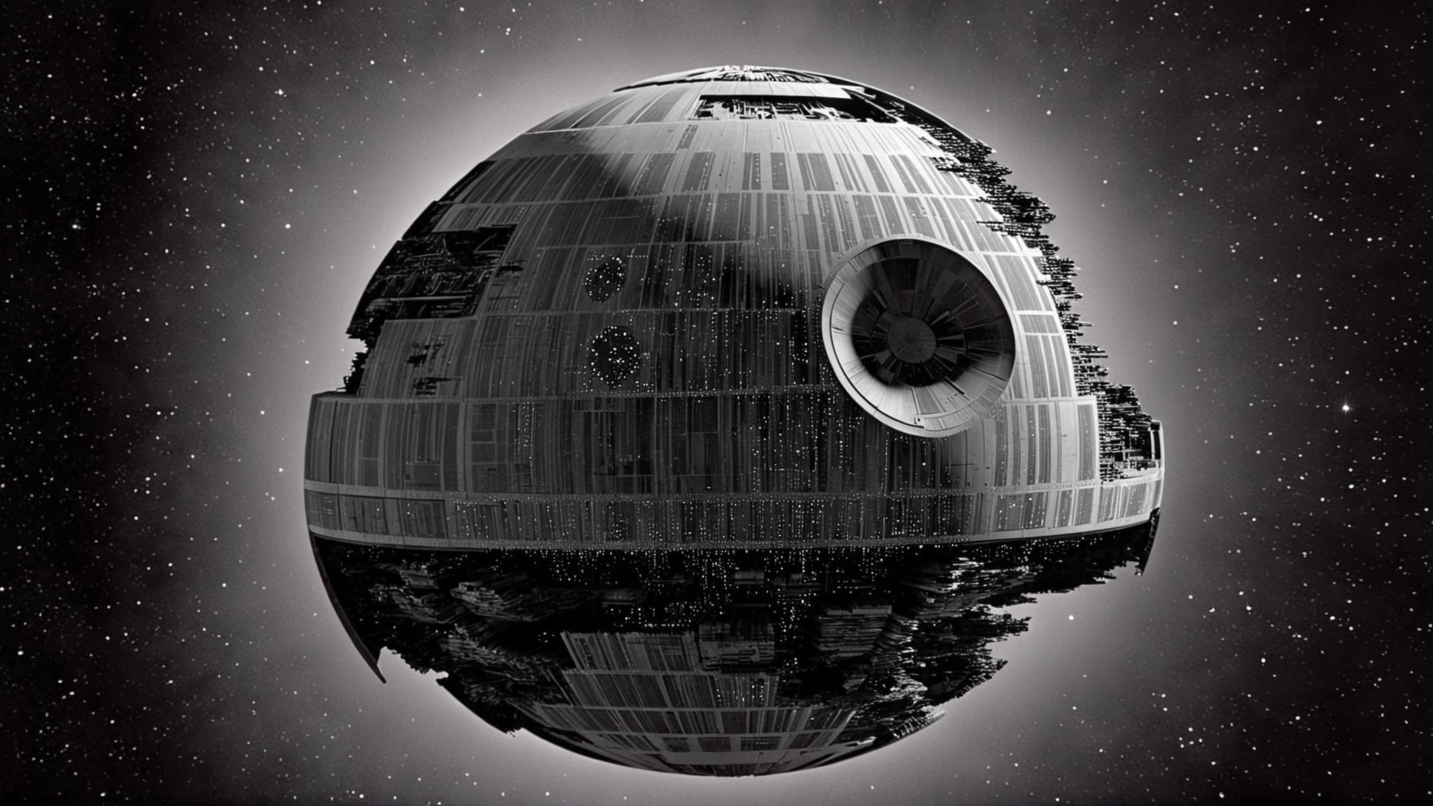 cinematic film still of detailed perfect Death Star II a black and white schematic poster with a circular design,  in star...