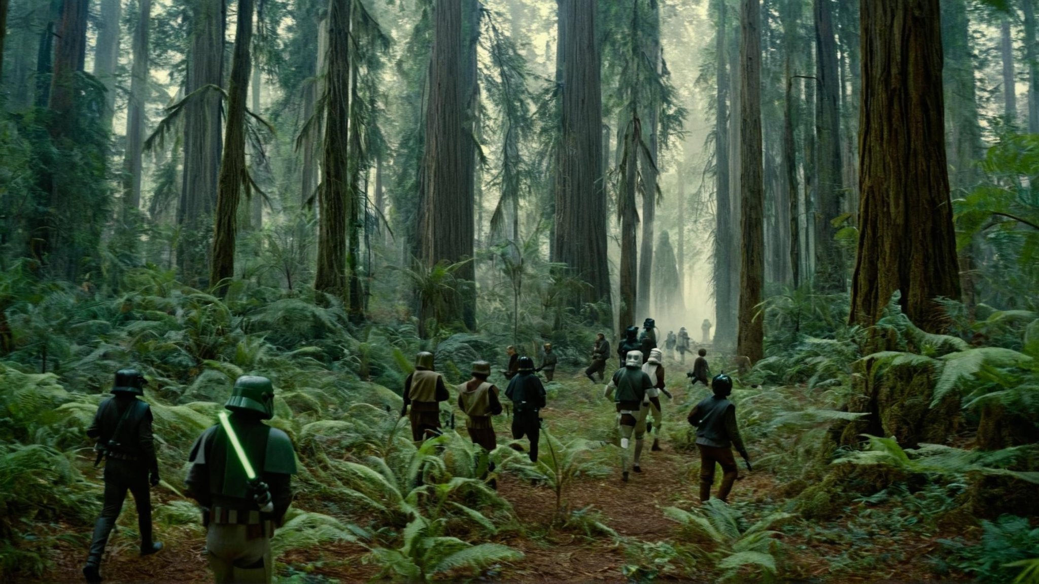 cinematic film still of detailed perfect Endor a group of people walking through a forest,  in star wars style,  weapon by...