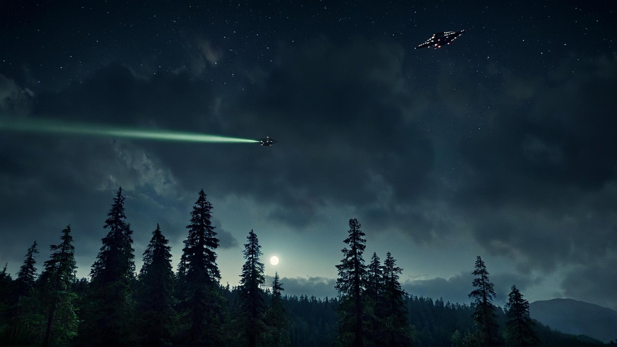 cinematic film still of detailed perfect Endor a spaceship flying over a forest at night,  in star wars style,  outdoors b...