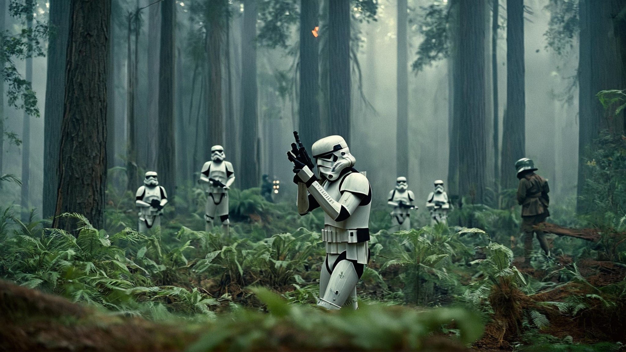 cinematic film still of detailed perfect Endor a scene from star wars with a stormtrooper and a light saber,  in star wars...