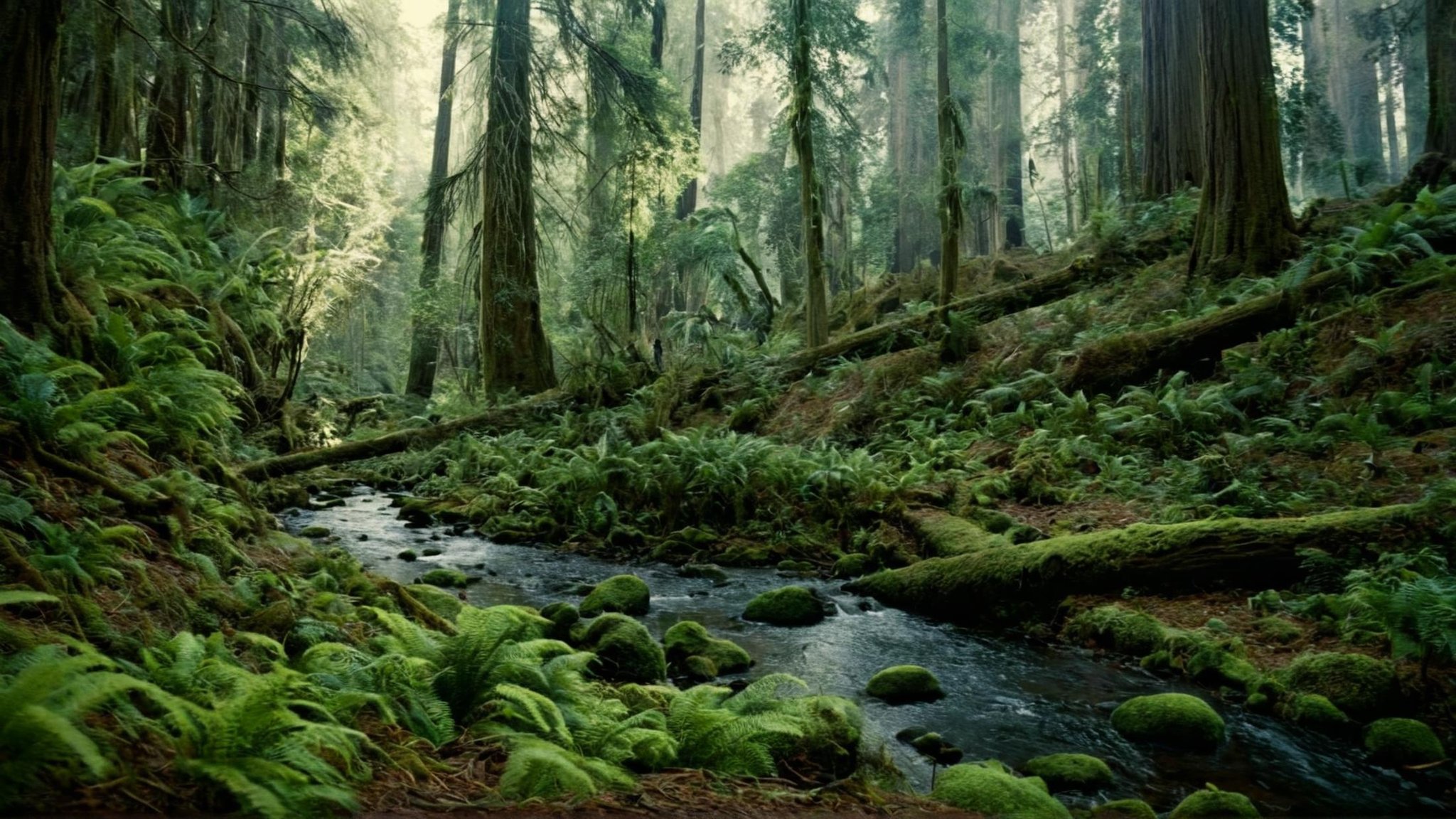 cinematic film still of detailed perfect Endor a forest with a fallen tree and a stream,  in star wars style,  outdoors by...