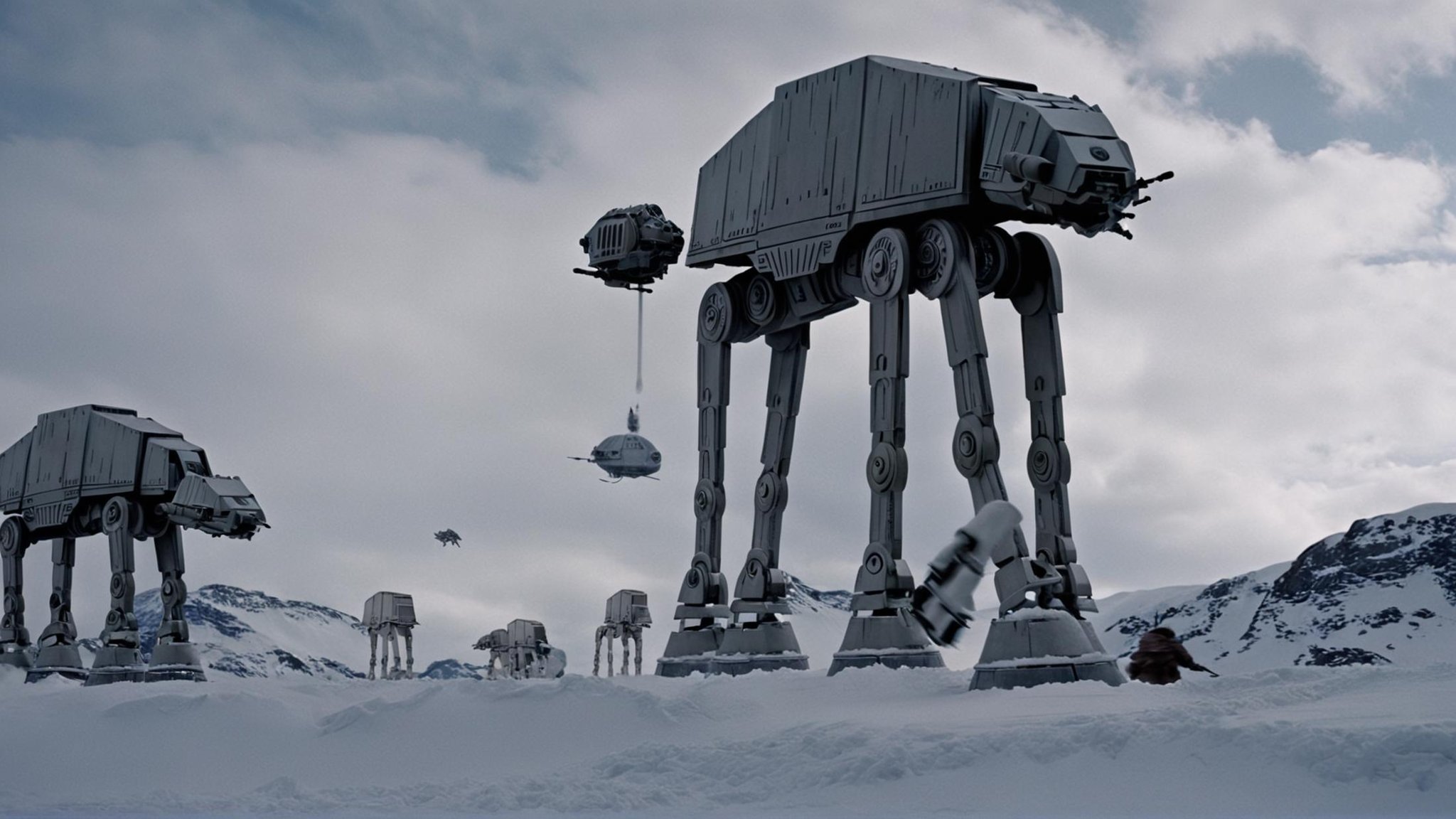 cinematic film still of detailed perfect Hoth a star wars scene with a giant at - at and a small battle,  in star wars sty...