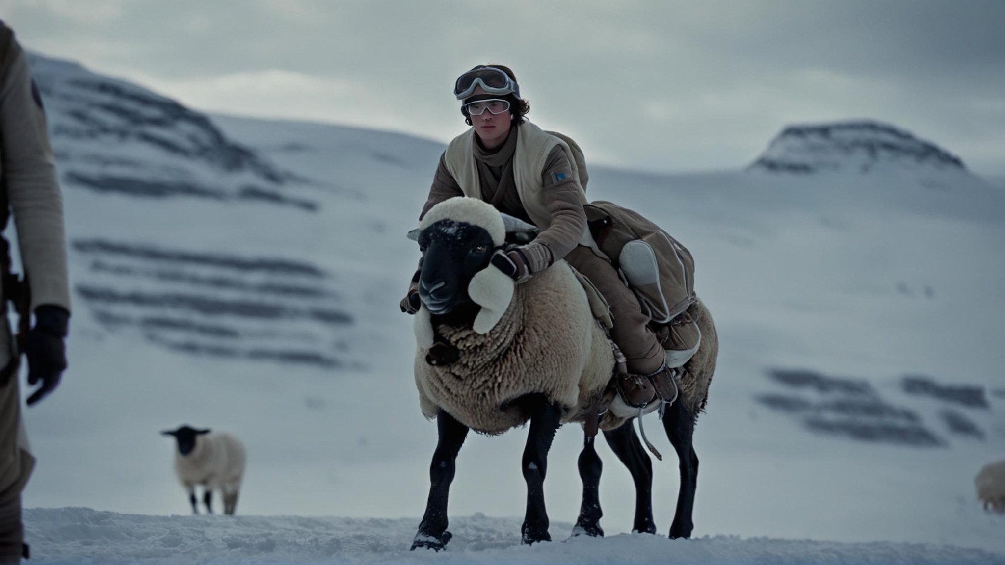 cinematic film still of detailed perfect Hoth a man riding on the back of a sheep,  in star wars style,  gloves by EauDeNo...