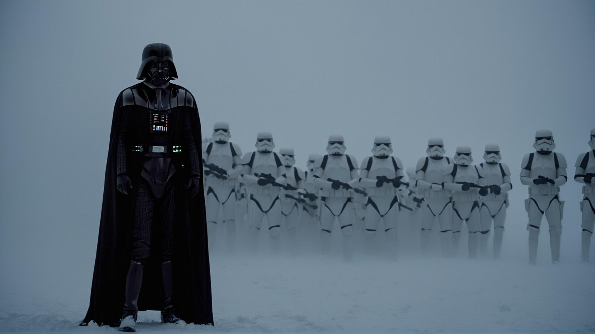 cinematic film still of detailed perfect Hoth a man in a darth vader costume standing in front of a line of troopers,  in...