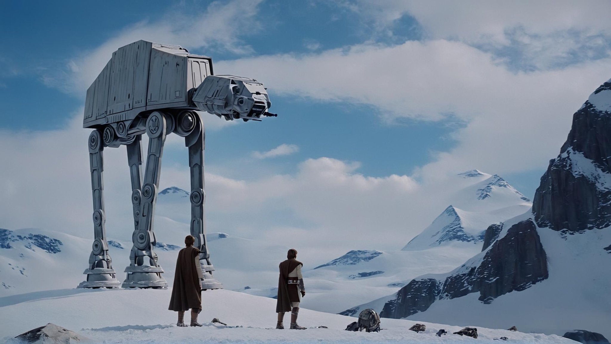 cinematic film still of detailed perfect Hoth a painting of two people standing on a mountain,  in star wars style,  stand...