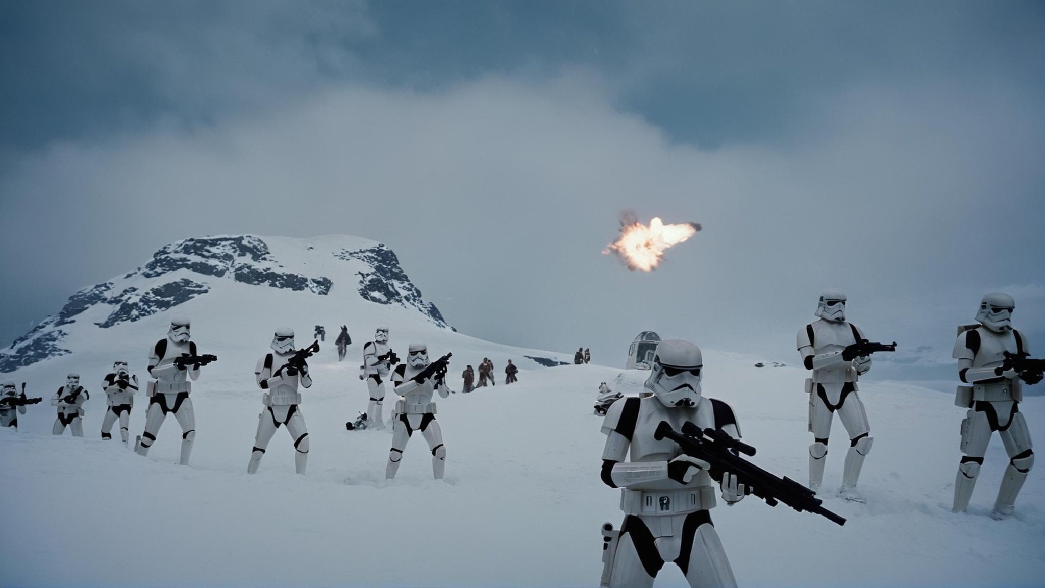 cinematic film still of detailed perfect Hoth a group of people in star wars outfits on a snowy hill,  in star wars style,...