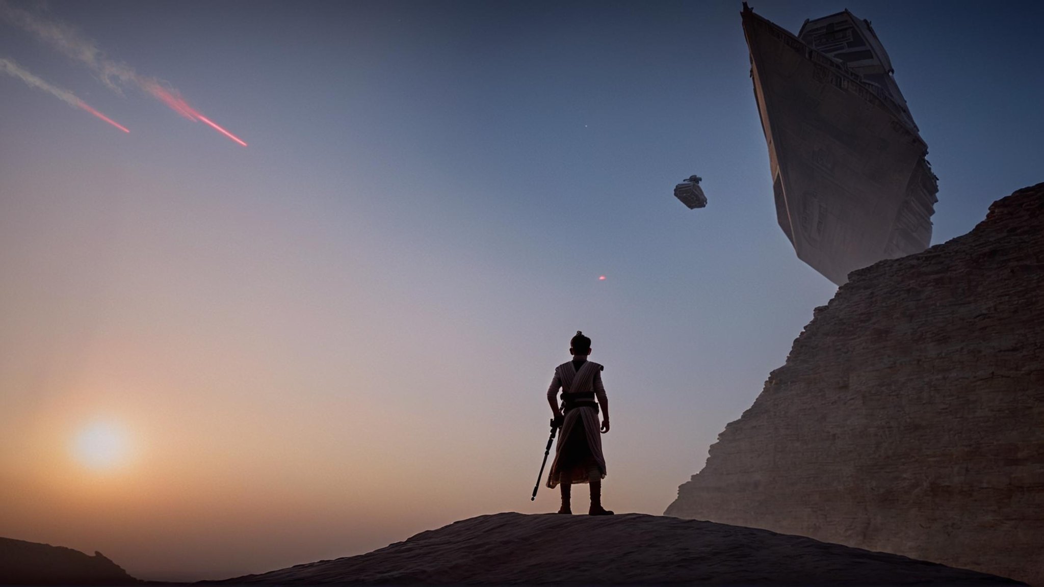 cinematic film still of detailed perfect Jakku a man standing on top of a cliff next to a giant ship,  in star wars style,...