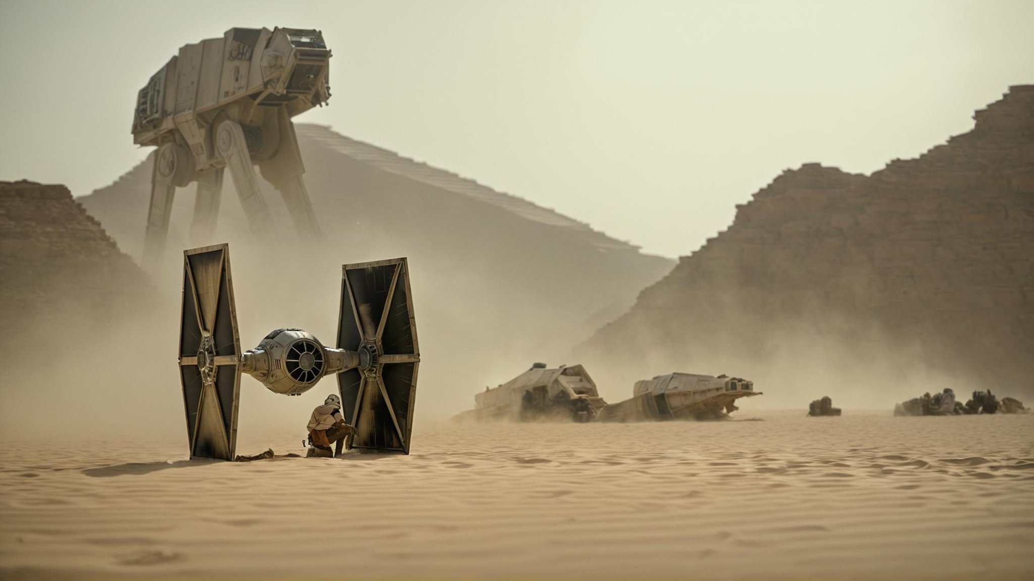 cinematic film still of detailed perfect Jakku a star wars huge tie fighter is fallen down on a desert ground,  in star wa...