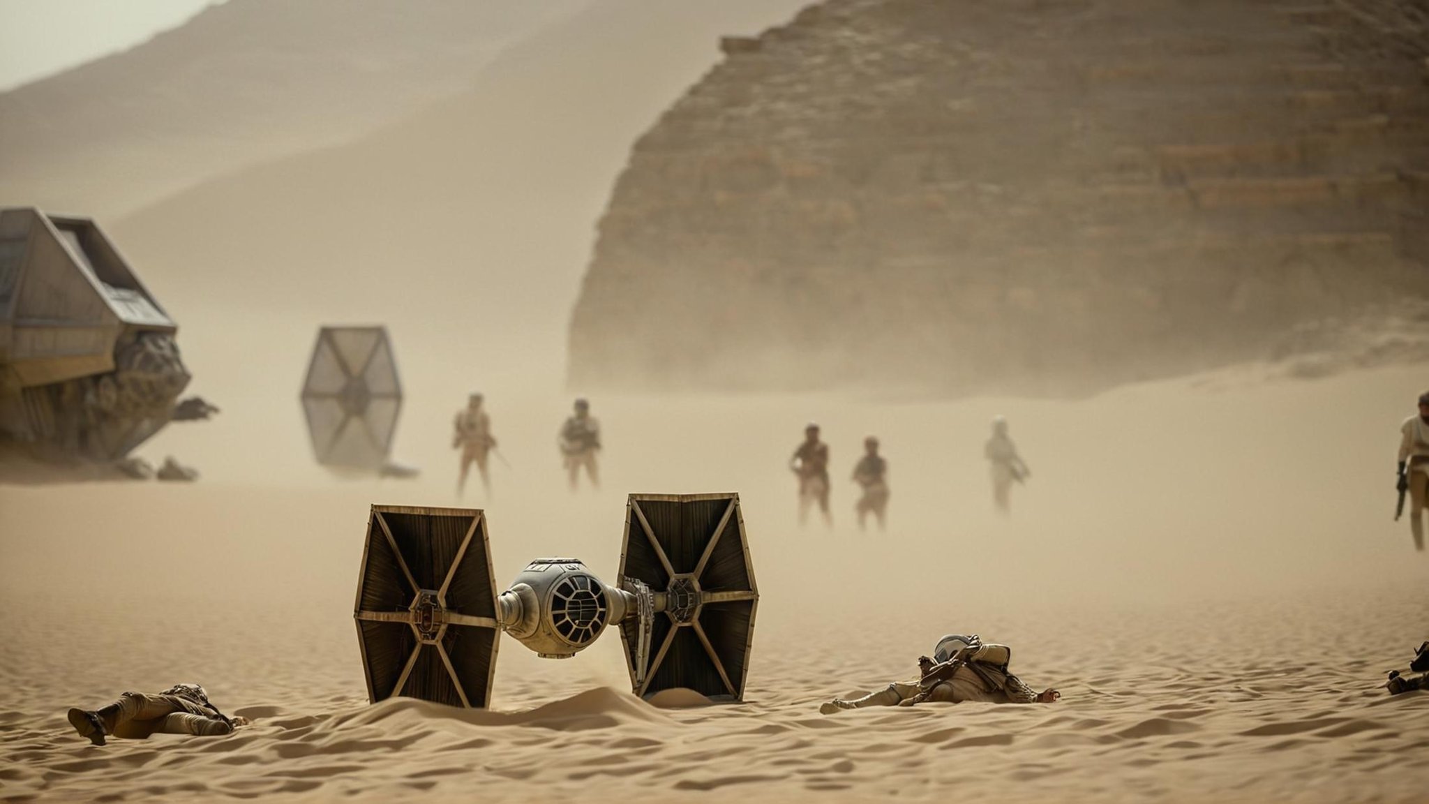 cinematic film still of detailed perfect Jakku a star wars tie fighter is fallen down on a desert ground,  in star wars st...