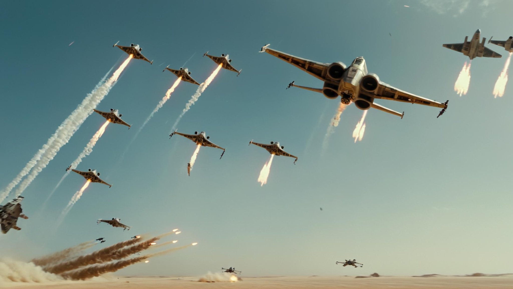 cinematic film still of detailed perfect Jakku a group of fighter jets flying through the air,  in star wars style,  sky b...