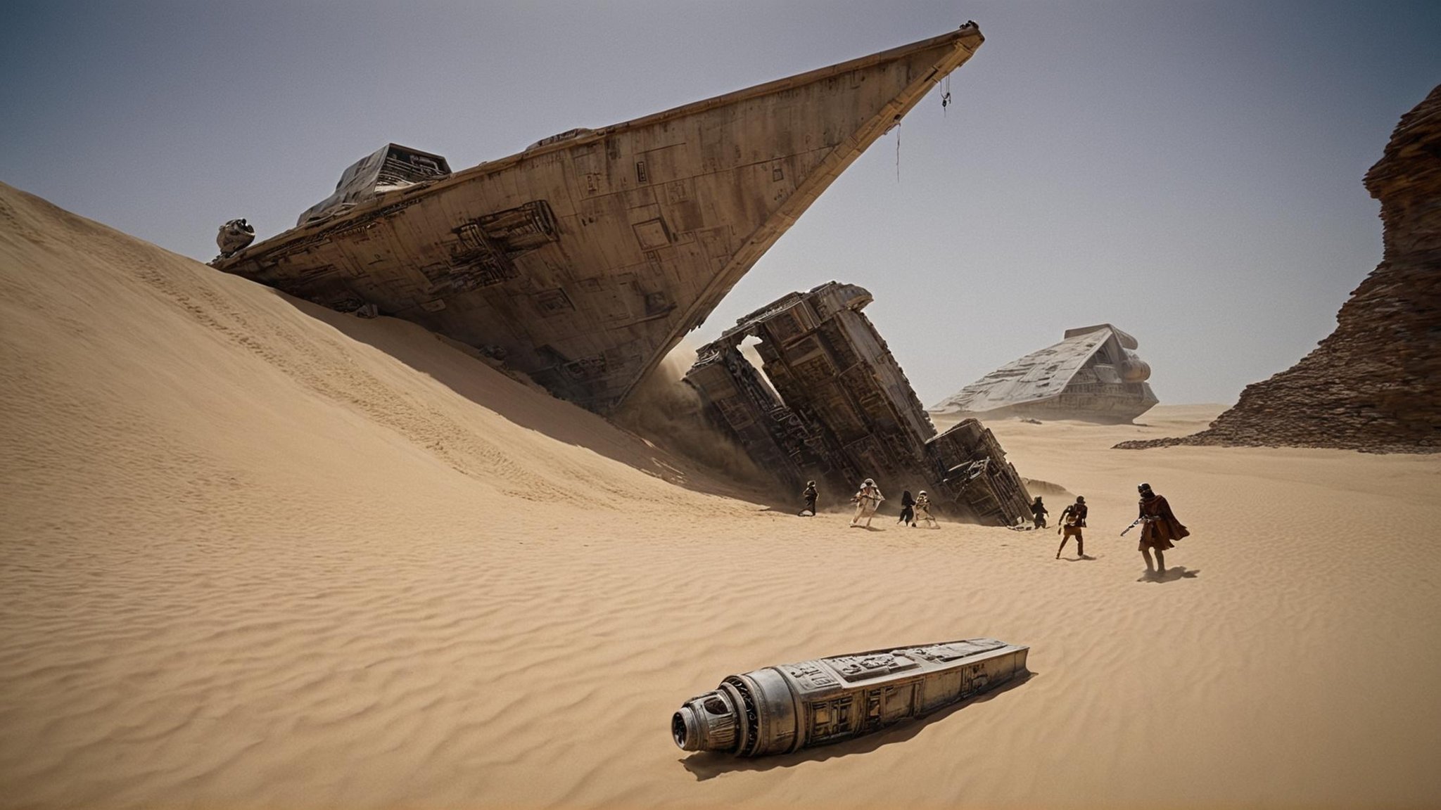 cinematic film still of detailed perfect Jakku a star wars battle scene with a giant ship wreck in the sand,  in star wars...
