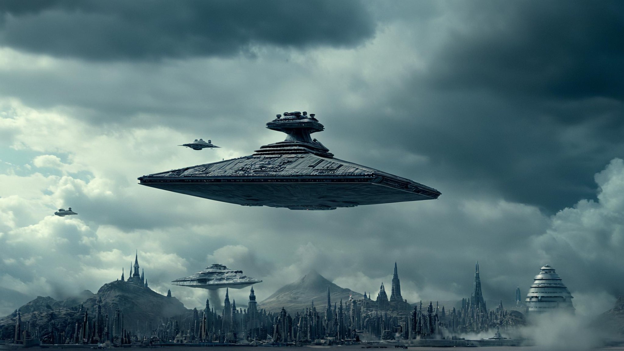 cinematic film still of detailed perfect Kamino a futuristic city with a star destroyer flying over it,  in star wars styl...