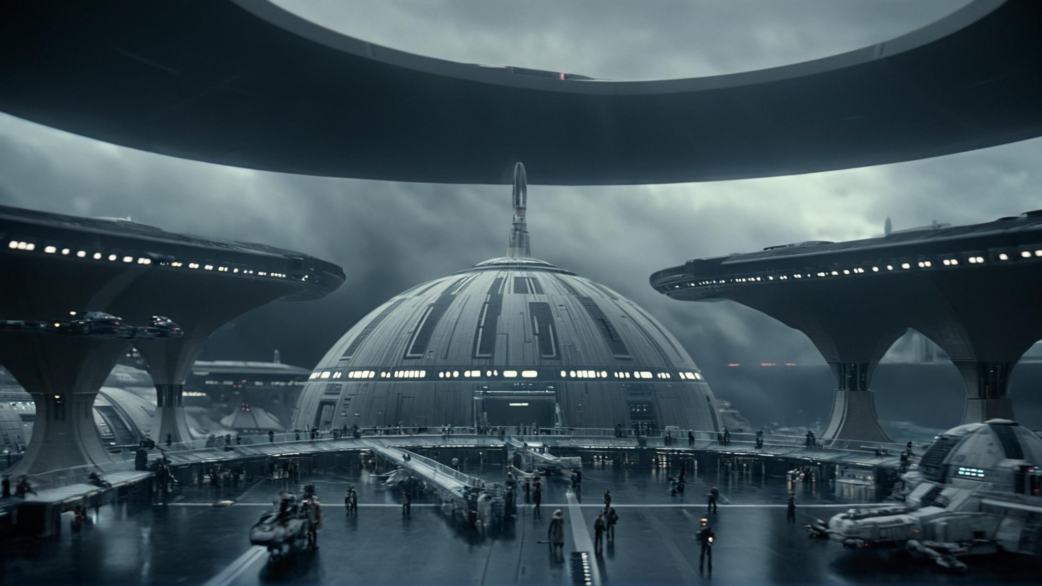 cinematic film still of detailed perfect Kamino a futuristic space station with a large corridor,  in star wars style,  no...
