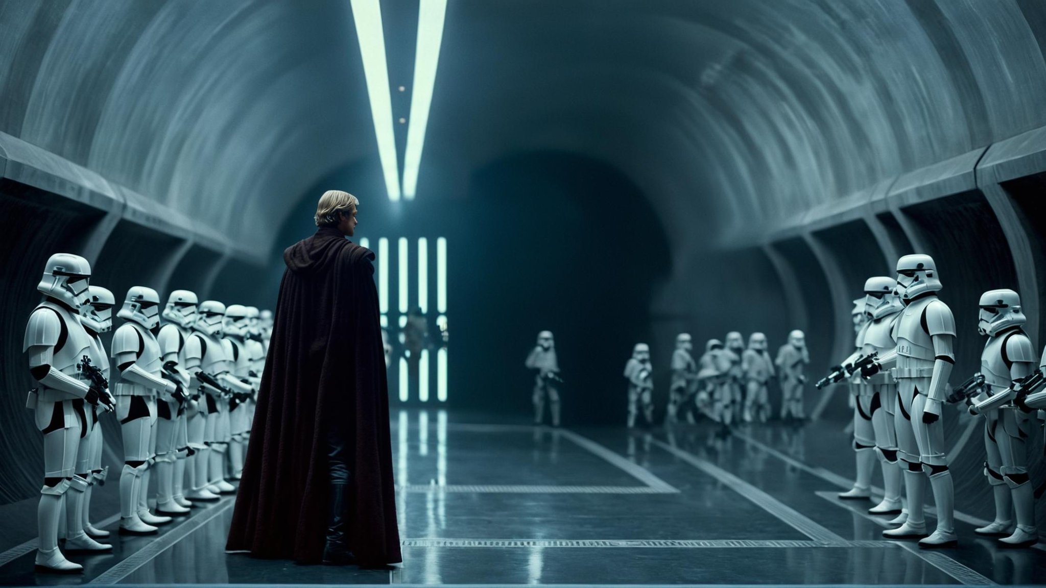cinematic film still of detailed perfect Kamino a man in a star wars costume standing in a tunnel,  in star wars style,  g...