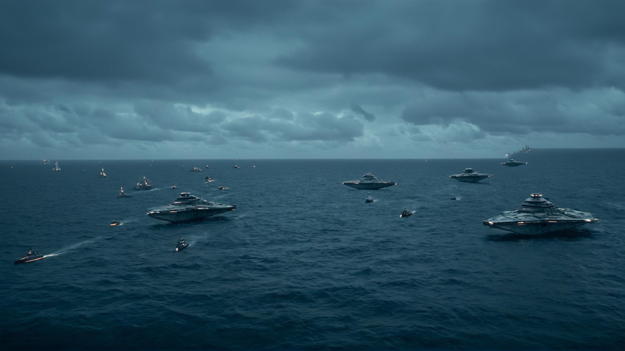 cinematic film still of detailed perfect Kamino a group of ships floating in the ocean,  in star wars style,  outdoors by...
