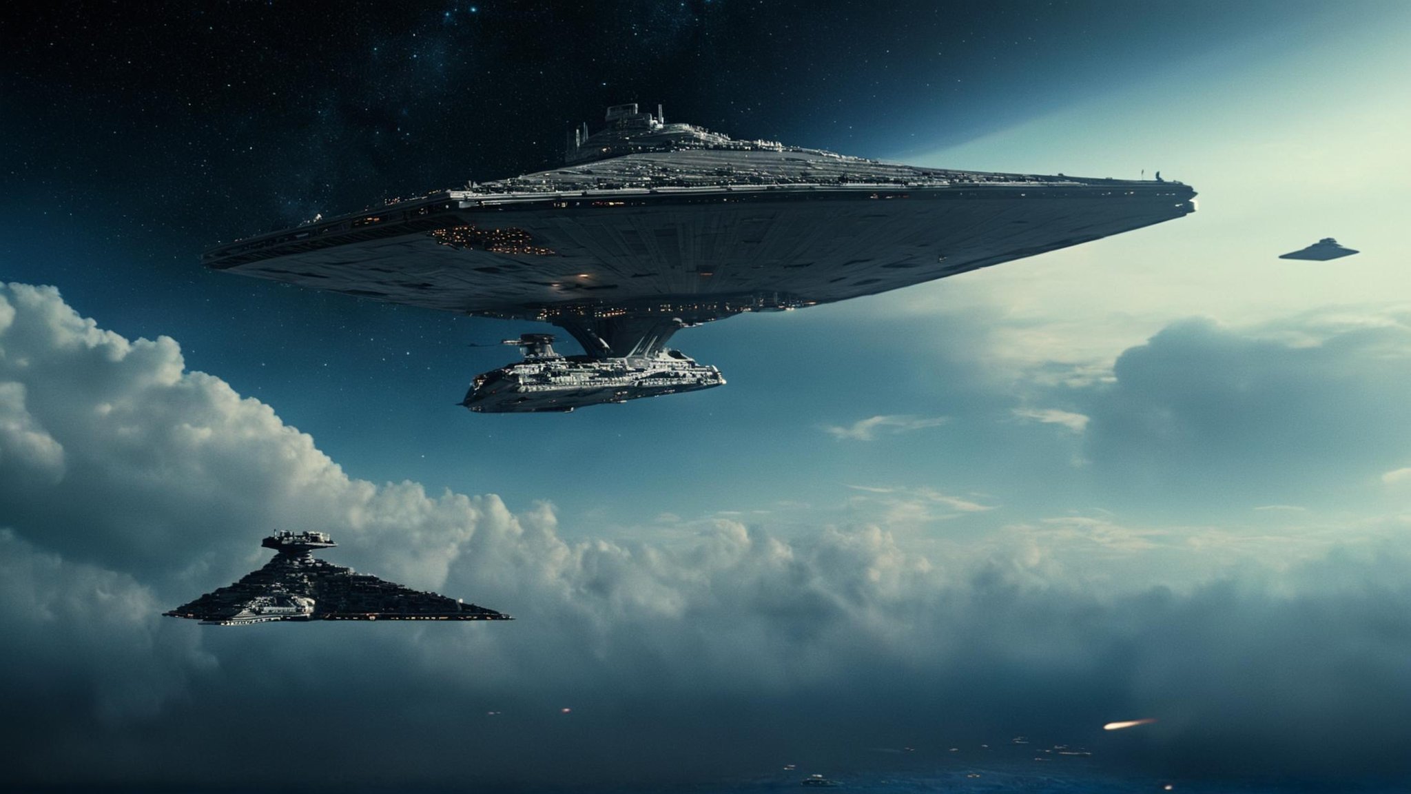 cinematic film still of detailed perfect Kamino a space station and a star destroyer in the distance,  in star wars style,...
