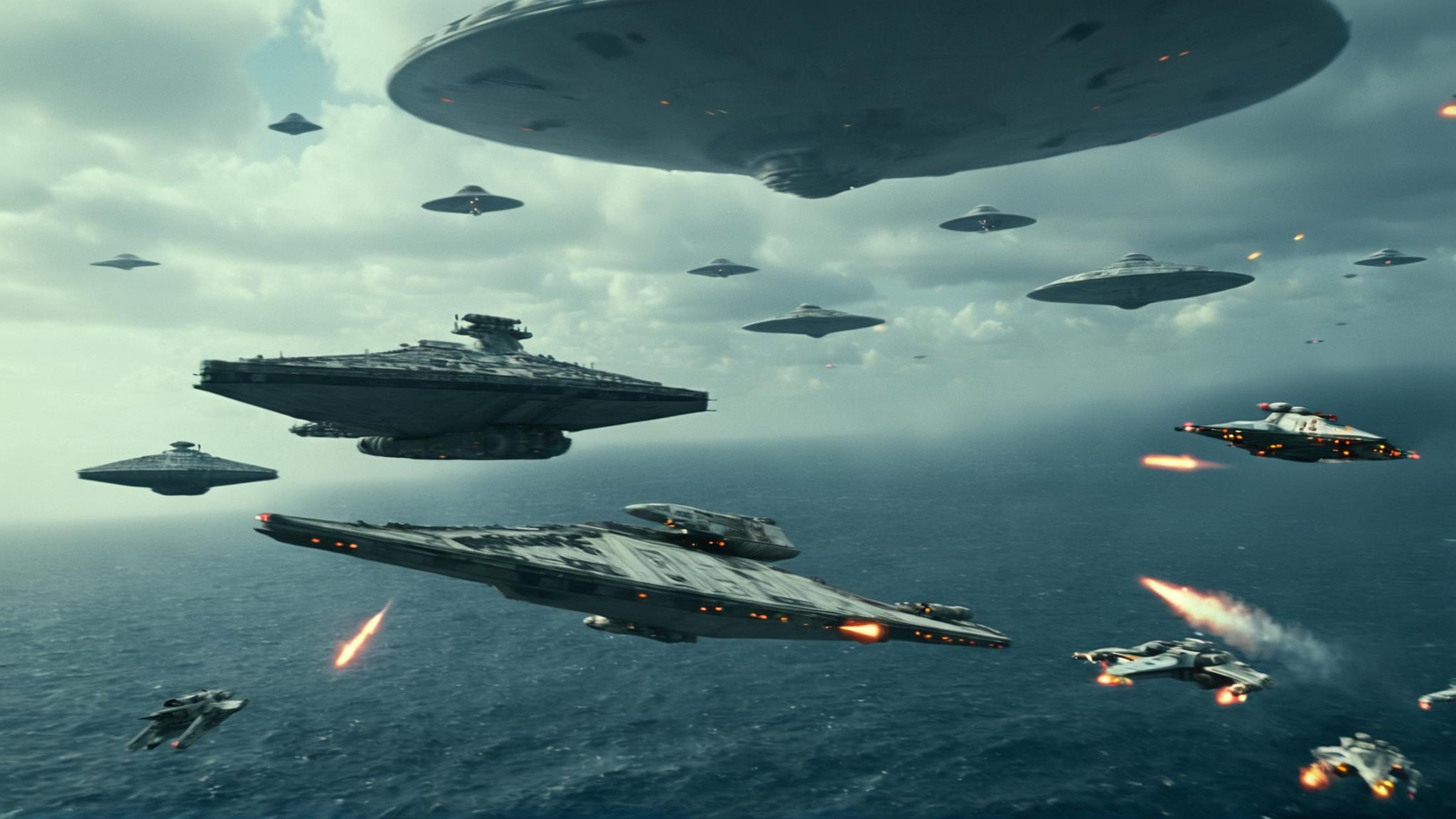 cinematic film still of detailed perfect Kamino a group of star wars ships flying over a planet,  in star wars style,  mil...