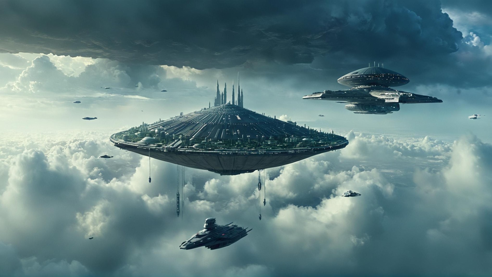 cinematic film still of detailed perfect Kamino a painting of a futuristic city in the clouds,  in star wars style,  outdo...