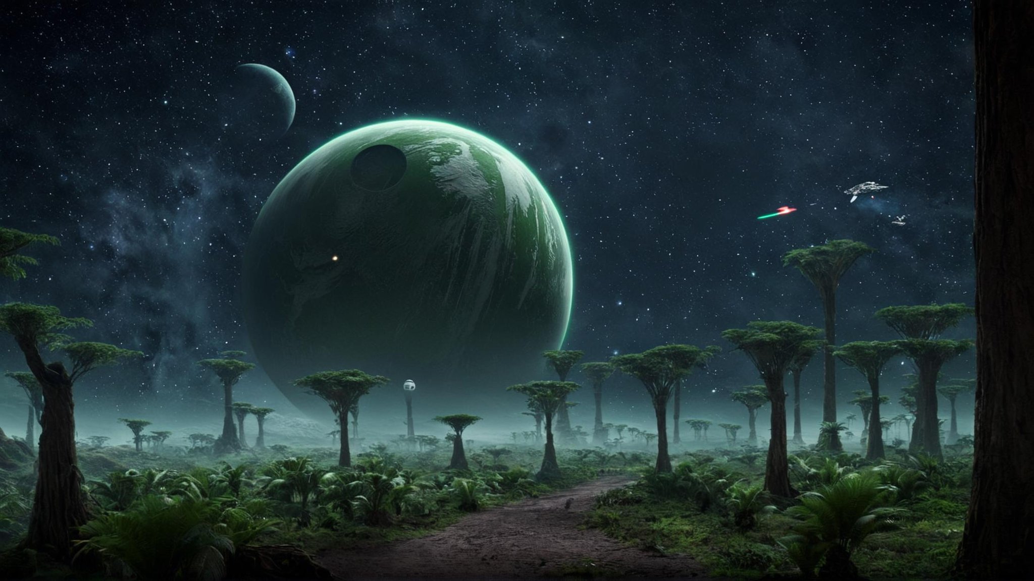 cinematic film still of detailed perfect Kashyyyk a green planet with a black background and a white star,  in star wars s...