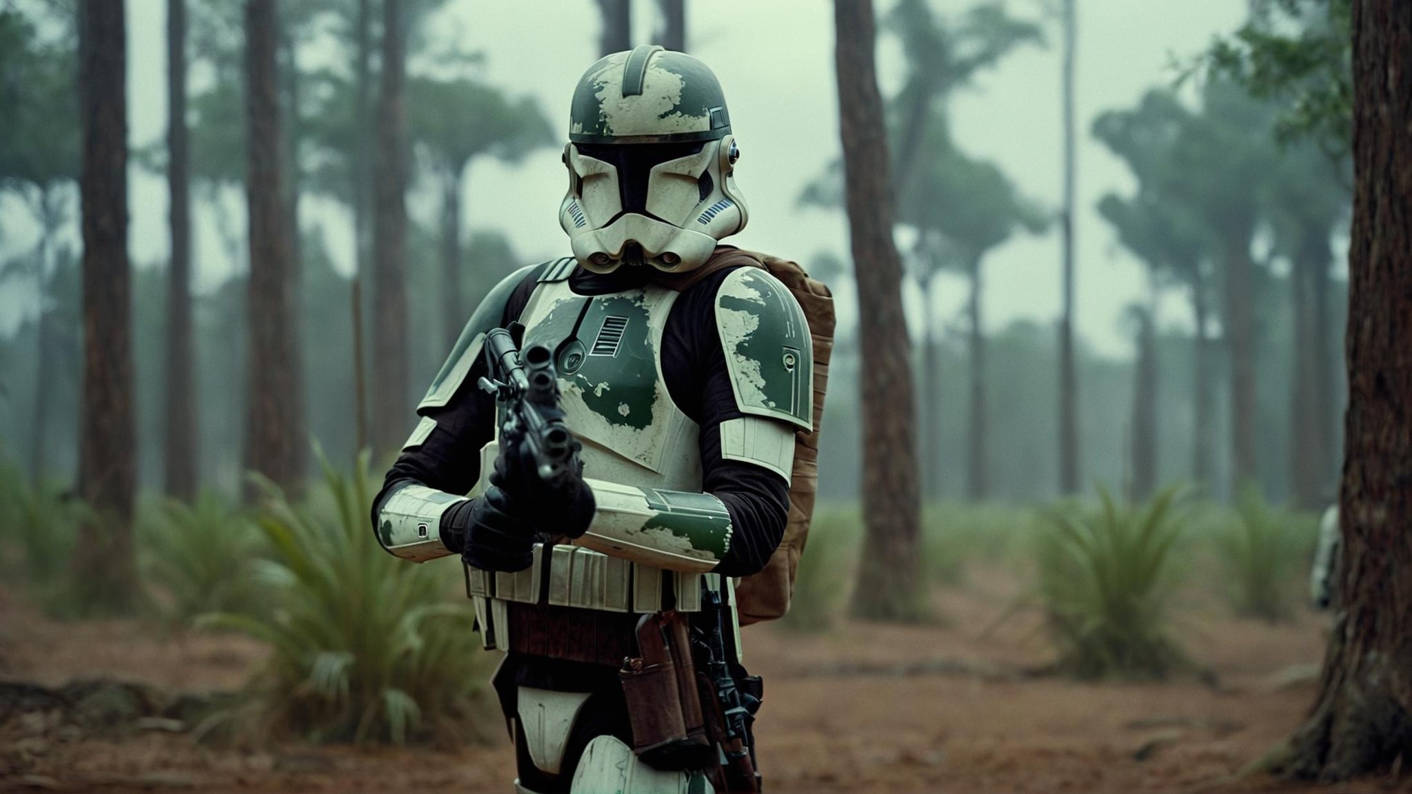 cinematic film still of detailed perfect Kashyyyk a soldier with a gun in a field,  in star wars style,  solo by EauDeNoir...