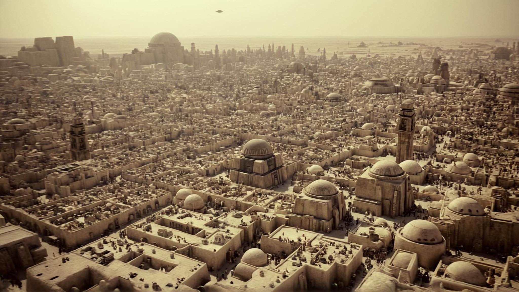 cinematic film still of detailed perfect Mos Eisley a city with a lot of buildings and a clock tower,  in star wars style,...
