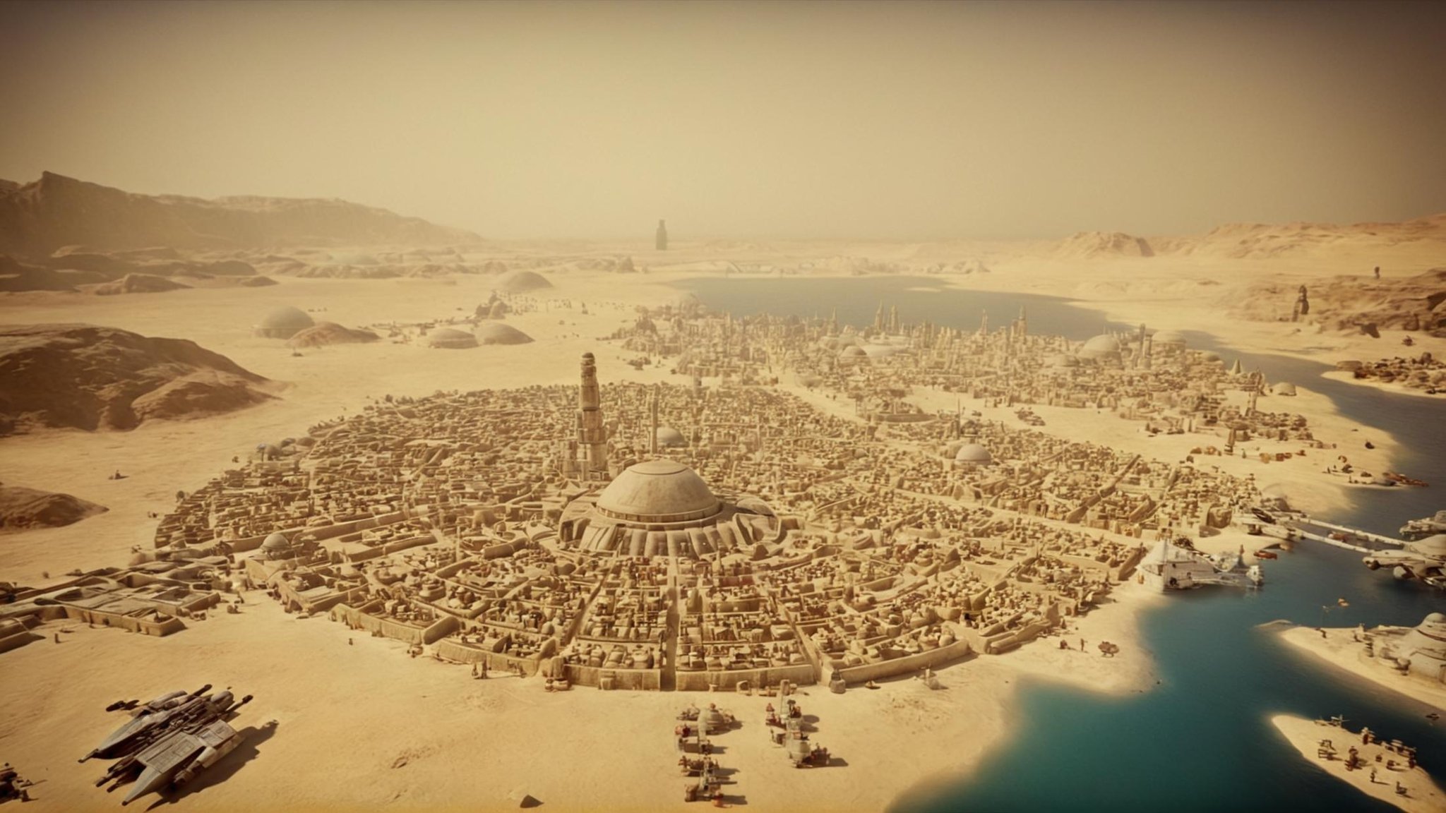 cinematic film still of detailed perfect Mos Eisley a map of the world with pictures of people,  in star wars style,  engl...