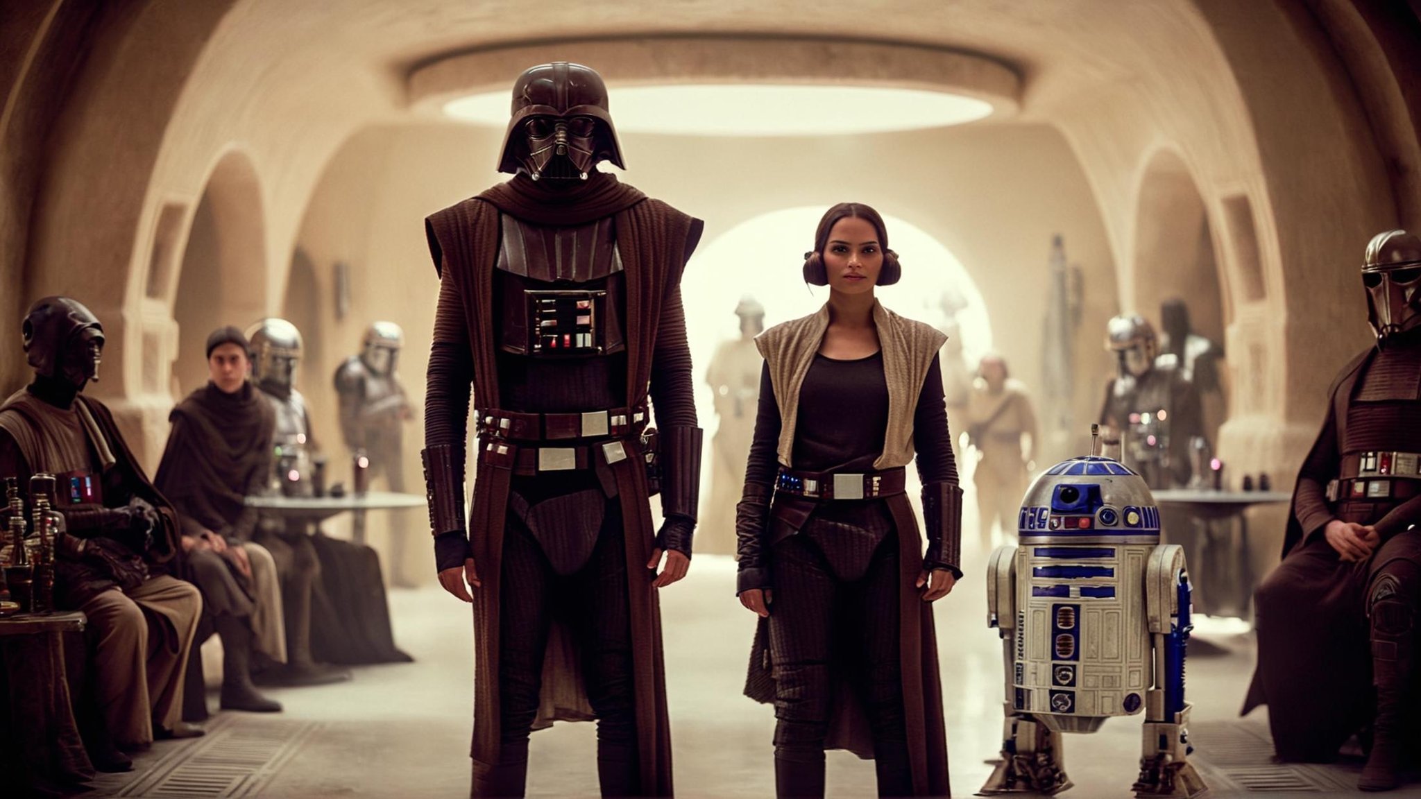 cinematic film still of detailed perfect Mos Eisley a man and a woman standing in a room,  in star wars style,  hat by Eau...