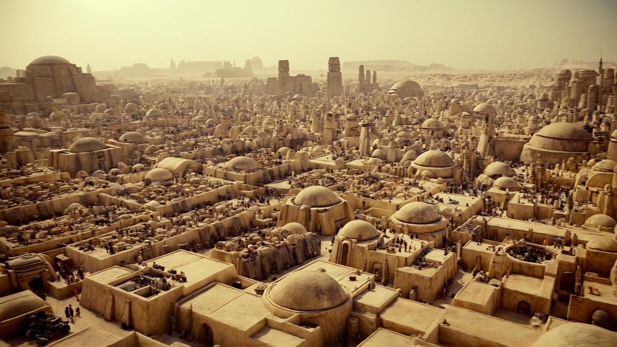 cinematic film still of detailed perfect Mos Eisley a futuristic city with a lot of buildings,  in star wars style,  outdo...