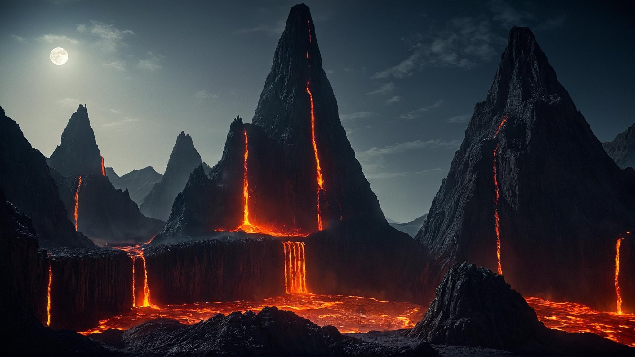 cinematic film still of detailed perfect Mustafar a fire and lava covered area with a full moon,  in star wars style,  out...