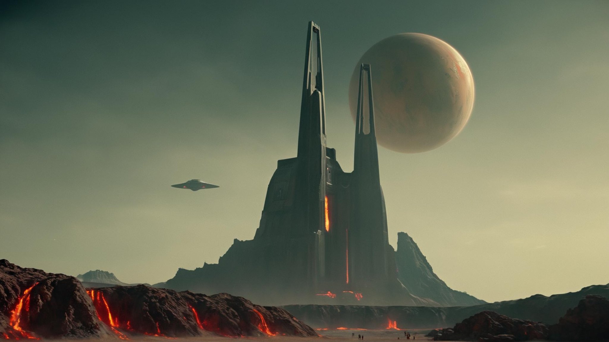 cinematic film still of detailed perfect Mustafar a red planet in sky,  in star wars style,  no humans by EauDeNoire on Te...