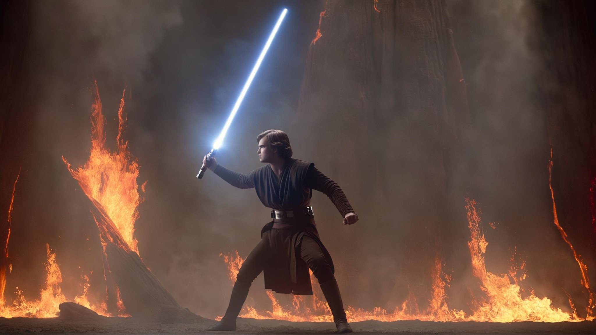 cinematic film still of detailed perfect Mustafar a man with a light saber standing in front of a fire,  in star wars styl...