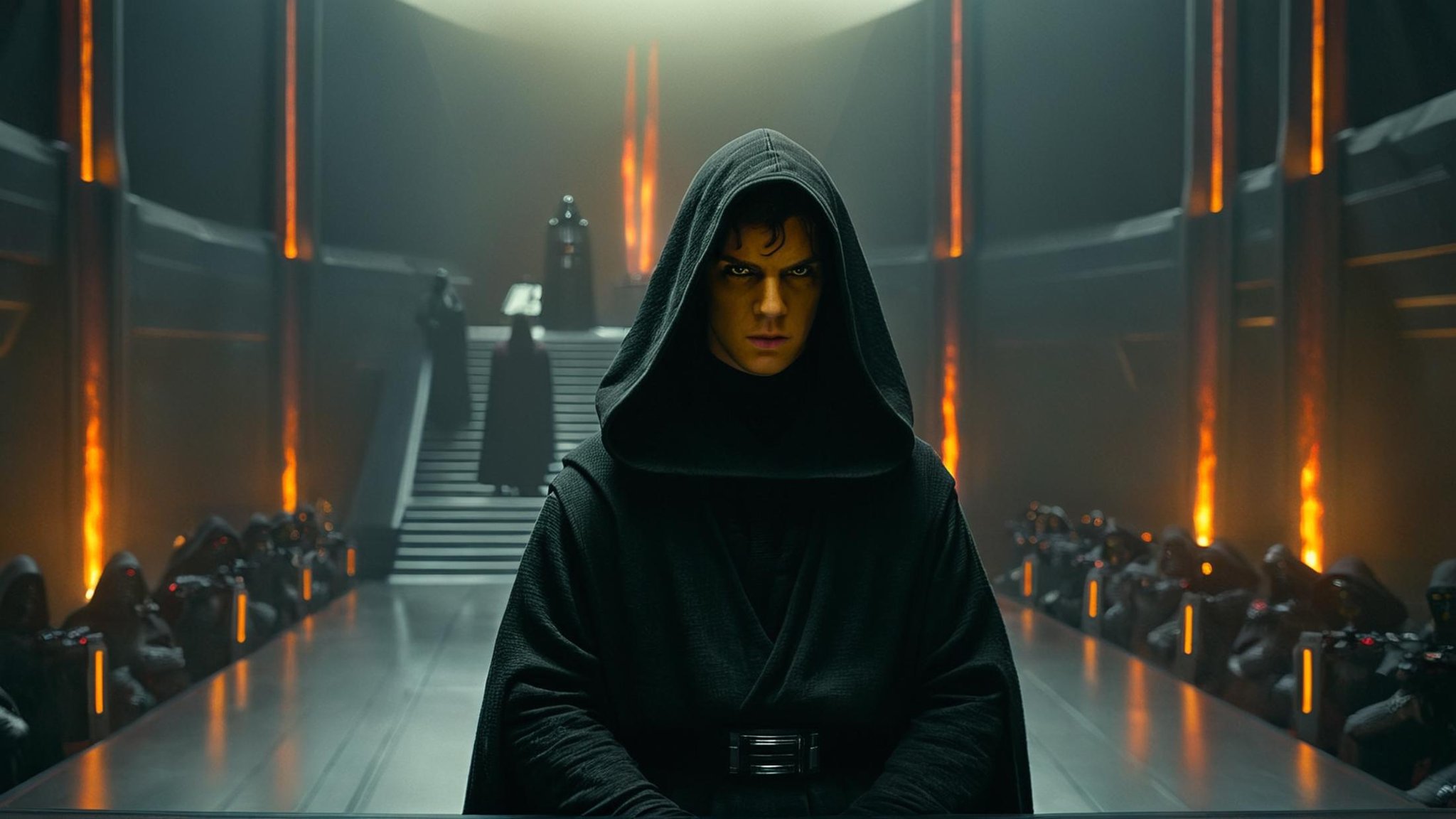 cinematic film still of detailed perfect Mustafar a sith man in a hoodie standing in a room,  in star wars style,  looking...