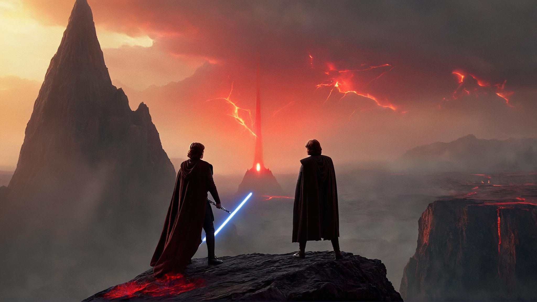 cinematic film still of detailed perfect Mustafar a painting of two people standing on a cliff,  in star wars style,  stan...